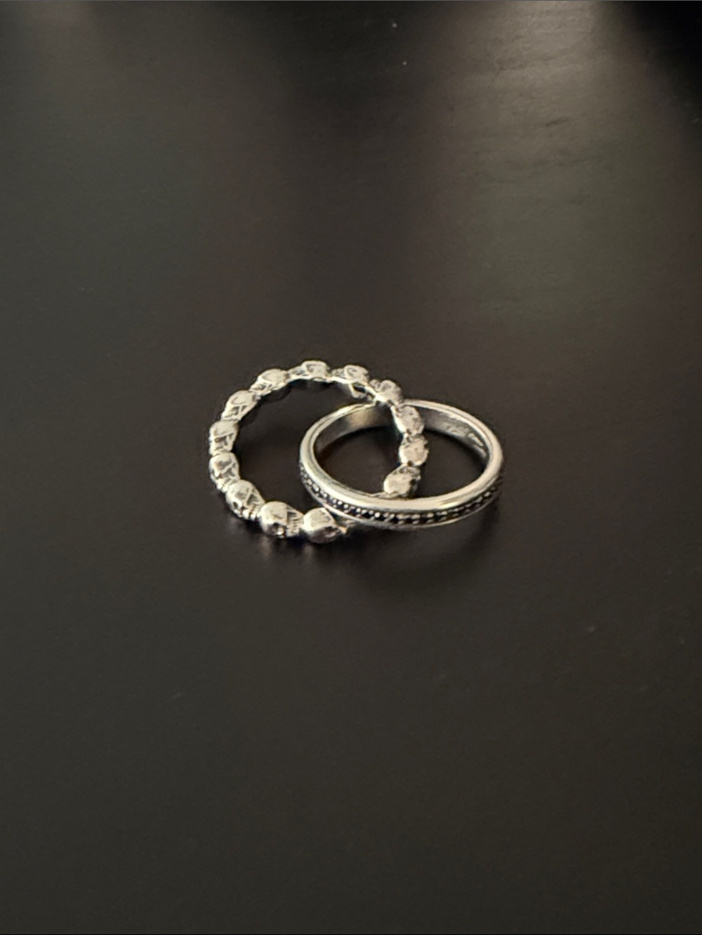 Sterling Silver Stacking Link Ring Set - Silver Skull Beaded & Textured Band